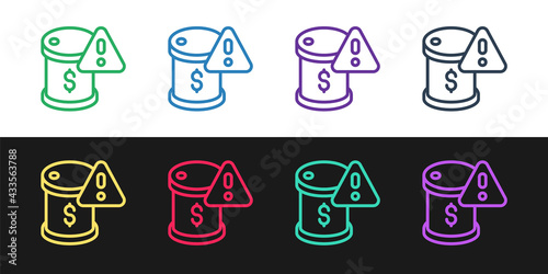 Set line Drop in crude oil price icon isolated on black and white background. Oil industry crisis concept. Vector