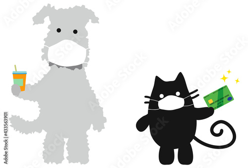 マスク姿の犬と猫、ドリンクをクレジットカードで買う。
A dog and a cat wearing the surgical masks, shopping a cup of coffee with credit card safely. 