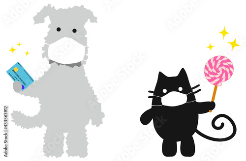 マスク姿の犬と猫、カード払いでキャンディーを買う。
A dog and a cat wearing the surgical masks, shopping a candy with credit card safely. 