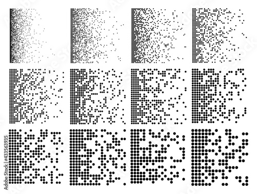 Pixel fade pattern. Square halftone set. Digital data block image. Breaking matrix illustration. Abstract vector background with texture effect.