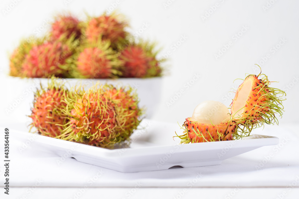 Ripe rambutan fruit on plate with white background, Tropical fruit Ripe rambutan fruit on plate with white background, Tropical fruit