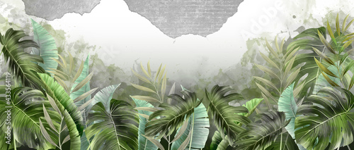 tropical leaves on the background wall, photo wallpaper