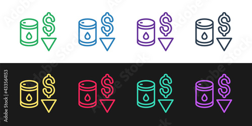 Set line Drop in crude oil price icon isolated on black and white background. Oil industry crisis concept. Vector