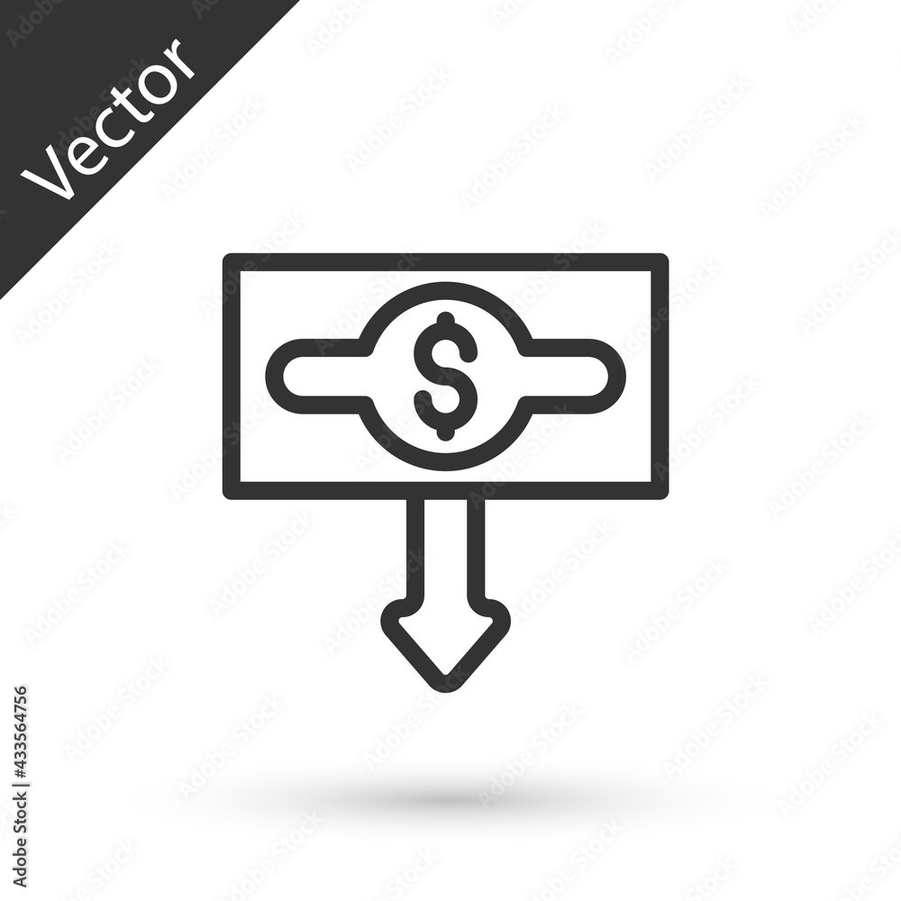 Grey line Dollar rate decrease icon isolated on white background. Cost reduction. Money symbol with down arrow. Business lost crisis decrease. Vector Grey line Dollar rate decrease icon isolated on white background. Cost reduction. Money symbol with down arrow. Business lost crisis decrease. Vector
