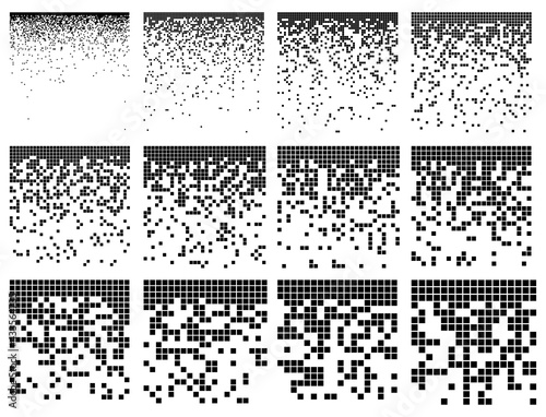 Pixel fade pattern. Square halftone set. Digital data block image. Breaking matrix illustration. Abstract vector background with texture effect.