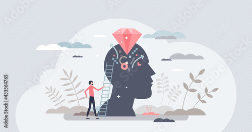 Self confidence as positive esteem attitude to yourself tiny person concept. Emotional reflection and feeling with individual believe, mental judgment and evaluation vector illustration. Proud leader.