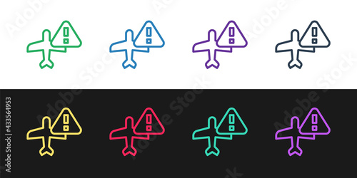 Set line Warning aircraft icon isolated on black and white background. Faulty plane. Flying prohibition zone. Plane is forbidden for transportation and travelling. Vector