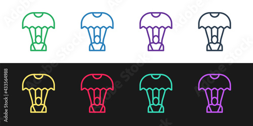 Set line Parachute icon isolated on black and white background. Vector
