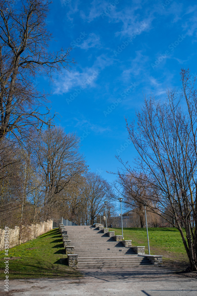 A beautiful shot of stone stairs in the Tuvi park in Tallinn city center with green grass and bare trees. Selective focus.