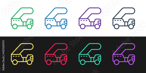 Set line Passenger ladder for plane boarding icon isolated on black and white background. Airport stair travel. Vector