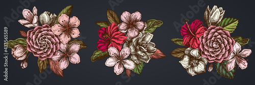 Flower bouquet of colored hibiscus, plum flowers, peach flowers, sakura flowers, magnolia flowers, camellia japonica