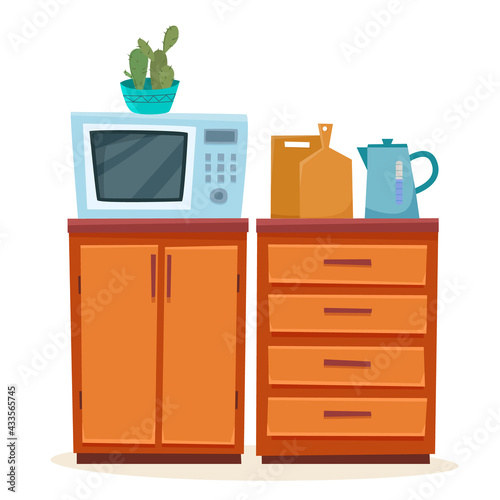kitchen furniture with microwave. Teapot on cabinet. Vector illustration