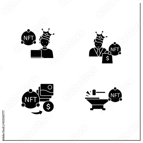 NFT glyph icons set.Minting. Non fungible tokens artist, buyer.Unique digital assets. Digitalization concept. Filled flat signs. Isolated silhouette vector illustrations