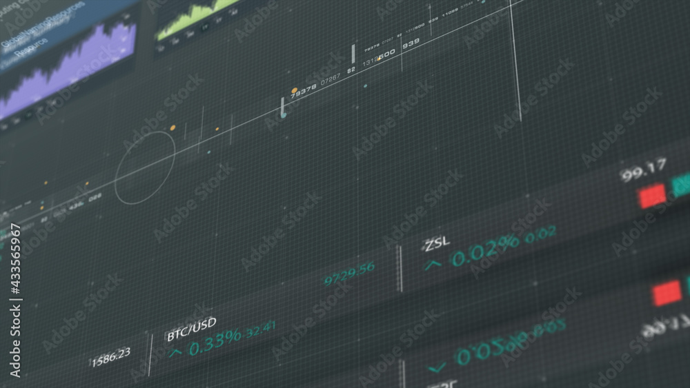 Business stock market, trading, info graphic with animated graphs, charts and data numbers insight analysis to be shown on monitor display screen for business meeting mock up theme