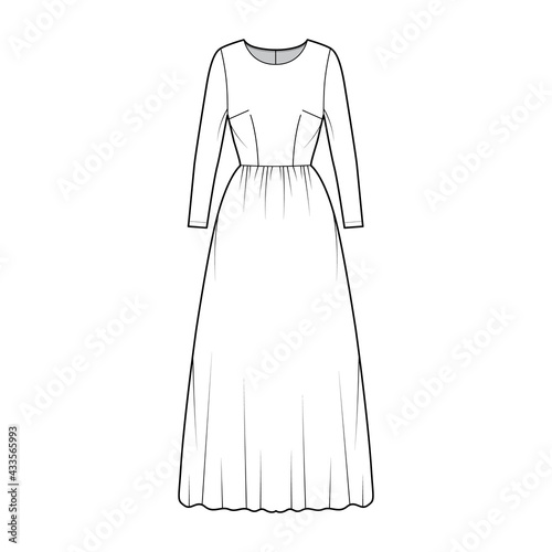 Dress long technical fashion illustration with long sleeve, fitted body, floor length full skirt. Flat apparel front, white color style. Women, men unisex CAD mockup