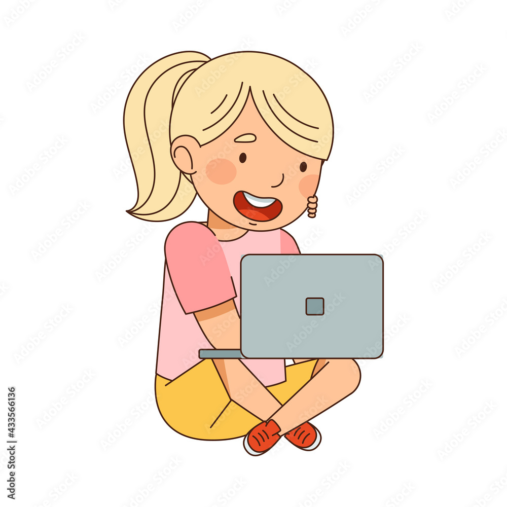 Little Blond Girl with Ponytail Sitting with Laptop and Watching Something Vector Illustration Little Blond Girl with Ponytail Sitting with Laptop and Watching Something Vector Illustration