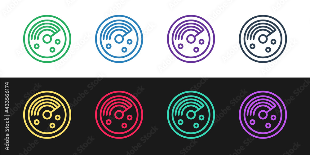 Set line Radar with targets on monitor in searching icon isolated on black and white background. Search system. Navy sonar. Vector Set line Radar with targets on monitor in searching icon isolated on black and white background. Search system. Navy sonar. Vector