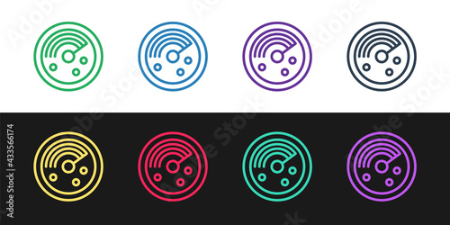 Set line Radar with targets on monitor in searching icon isolated on black and white background. Search system. Navy sonar. Vector