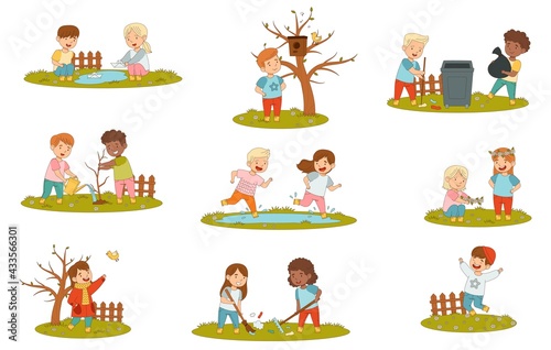 Cheerful Kids Enjoying Spring Season Splashing in Puddle, Planting Tree and Picking Litter Vector Set © Happypictures