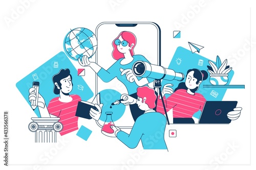 Online education, training and courses, learning, video tutorials.Vector illustration for website banner, presentation template, online advertising.