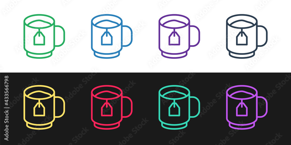 Set line Cup of tea with tea bag icon isolated on black and white background. Vector Set line Cup of tea with tea bag icon isolated on black and white background. Vector
