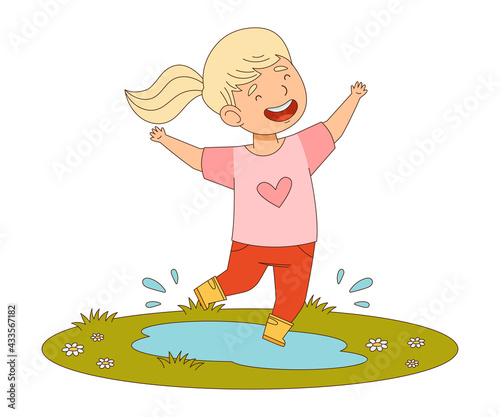 Happy Girl with Ponytail Jumping with Joy Splashing in Puddle Engaged in Spring Season Activity Vector Illustration
