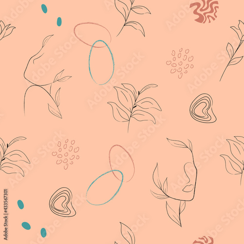 Seamless pattern Abstract shapes and plants. Minimal line women. Abstract modern art. 