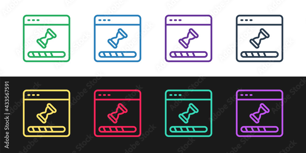 Set line Loading a data window with a progress bar icon isolated on black and white background. Vector