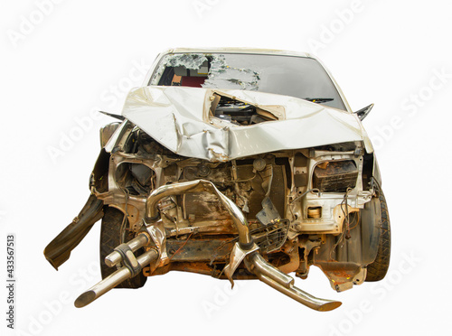 car destroyed isolated on white background, car damage and wreck from accident , insurance concept