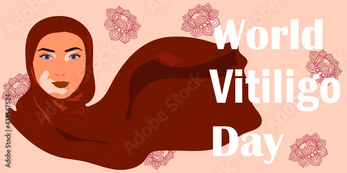 Beautiful woman with marks for poster design for World Vitiligo day. Banner design with spotted vitiligo muslim woman in on the flowers background.