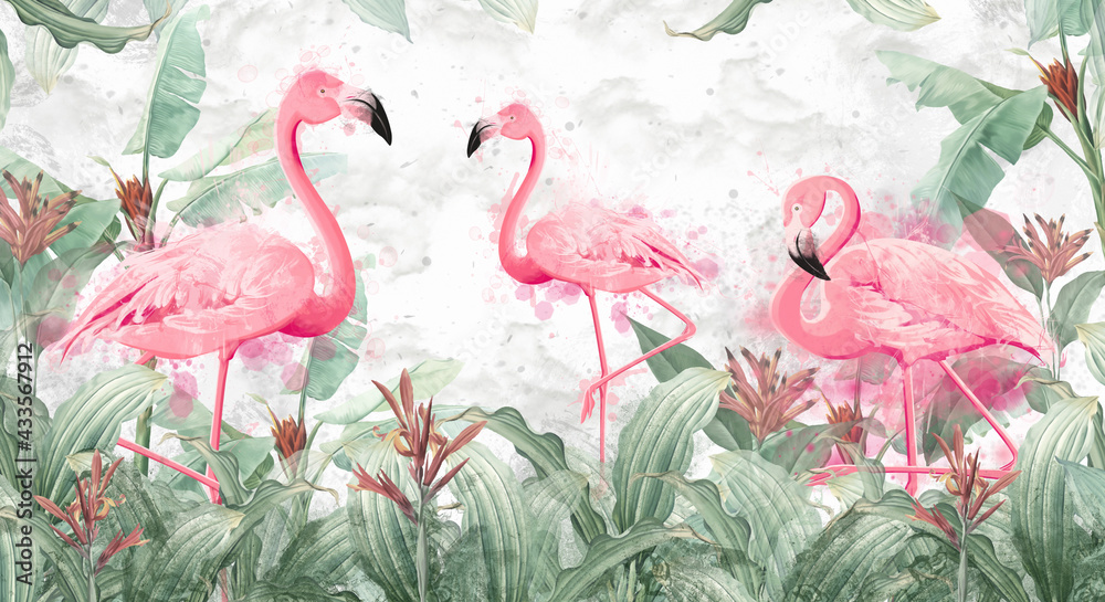 flamingos in tropical streams with textured background, photo wallpaper - obrazy, fototapety, plakaty 