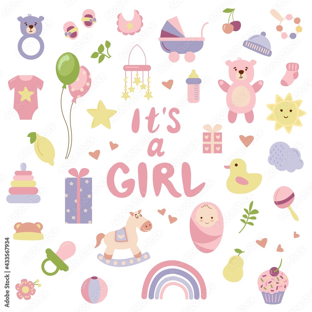 Fototapeta premium It's a girl. Set of hand-drawn elements for the birth of a baby. White background, isolate. Vector illustration.