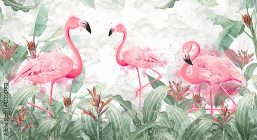 flamingos in tropical streams with textured background, photo wallpaper © Viktorious_Art