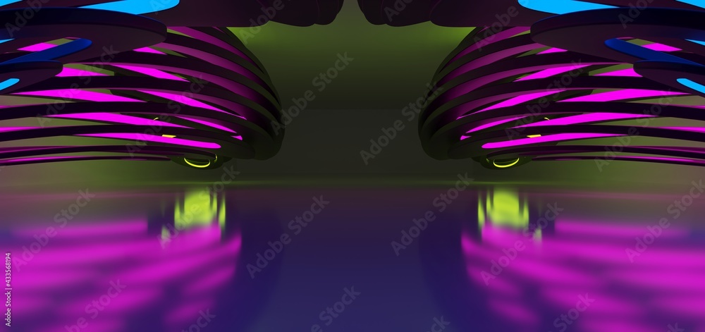 Abstract architectural minimalistic background. Laser show in the ultraviolet spectrum. Modern impulse tunnel. Futuristic space sci-fi frame neon backlight. 3D illustration and rendering.