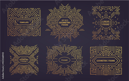 Vector set of art deco frames, adges, abstract geometric design templates for luxury products. Linear ornament compositions, vintage. Use for packaging, branding, decoration, etc.