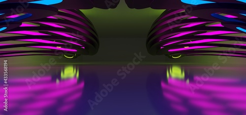 Obraz na płótnie Abstract architectural minimalistic background. Laser show in the ultraviolet spectrum. Modern impulse tunnel. Futuristic space sci-fi frame neon backlight. 3D illustration and rendering. w salonie