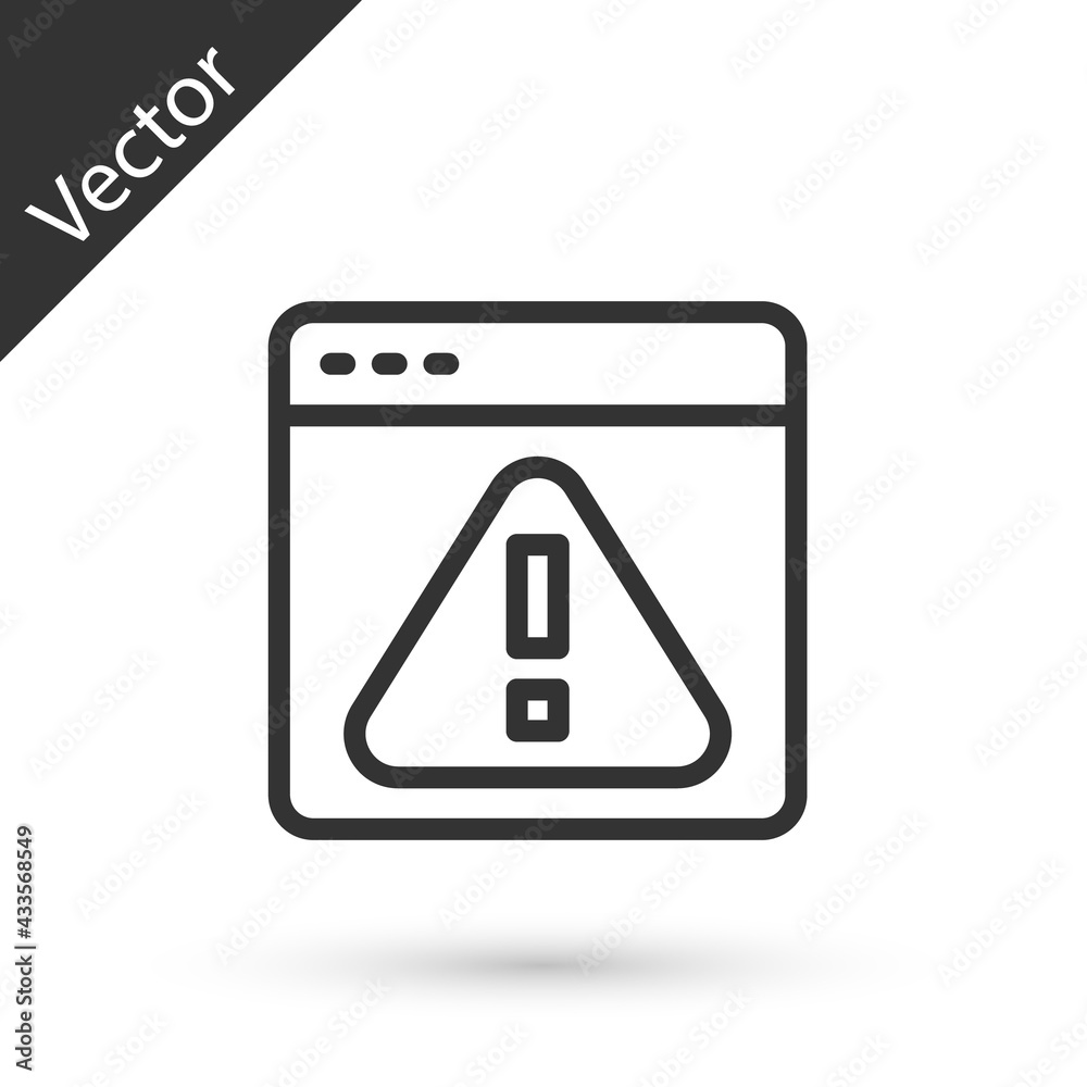 Grey line Browser with exclamation mark icon isolated on white background. Alert message smartphone notification. Vector Grey line Browser with exclamation mark icon isolated on white background. Alert message smartphone notification. Vector
