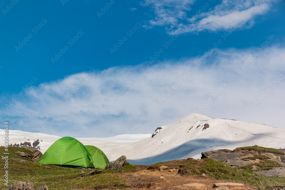 Tents at a campsite on the Bhrigu Lake trek in northern India