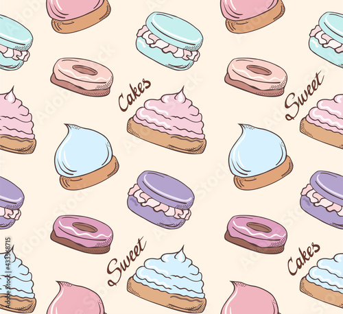 Sweet dessert, donut, macaroon, cake. Vector seamless pattern