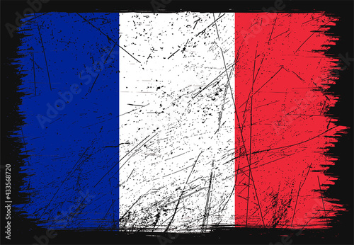 Creative grunge flag of France country. Happy bastille day of France. Brush flag on shiny black background