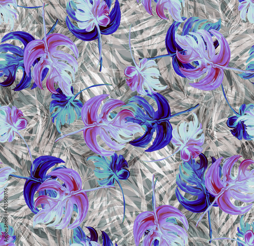 Seamless pattern with painted leaves of tropical plants. Grass and trees botanical style. Herbs in a trending background. Print for textiles and paper