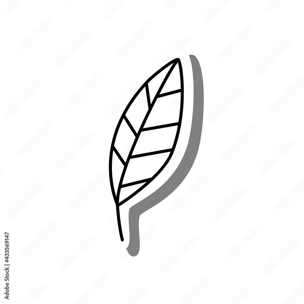 Black line cartoon simple leaf on white silhouette and gray shadow. Icon Emoji for decoration or any design. Vector illustration of nature. Black line cartoon simple leaf on white silhouette and gray shadow. Icon Emoji for decoration or any design. Vector illustration of nature.