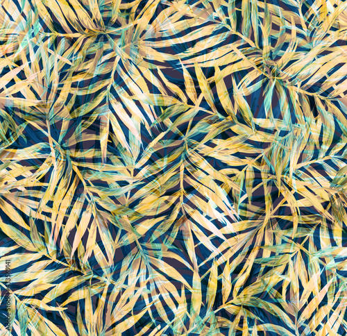 Seamless pattern with painted leaves of tropical plants. Grass and trees botanical style. Herbs in a trending background. Print for textiles and paper