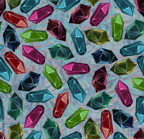 Seamless pattern with drawn crystals of different minerals. Scattered gems. in a trending background. Print for textiles and paper. Quartz, emerald, amber, sapphire, ruby, aquamarine, amethyst, opal