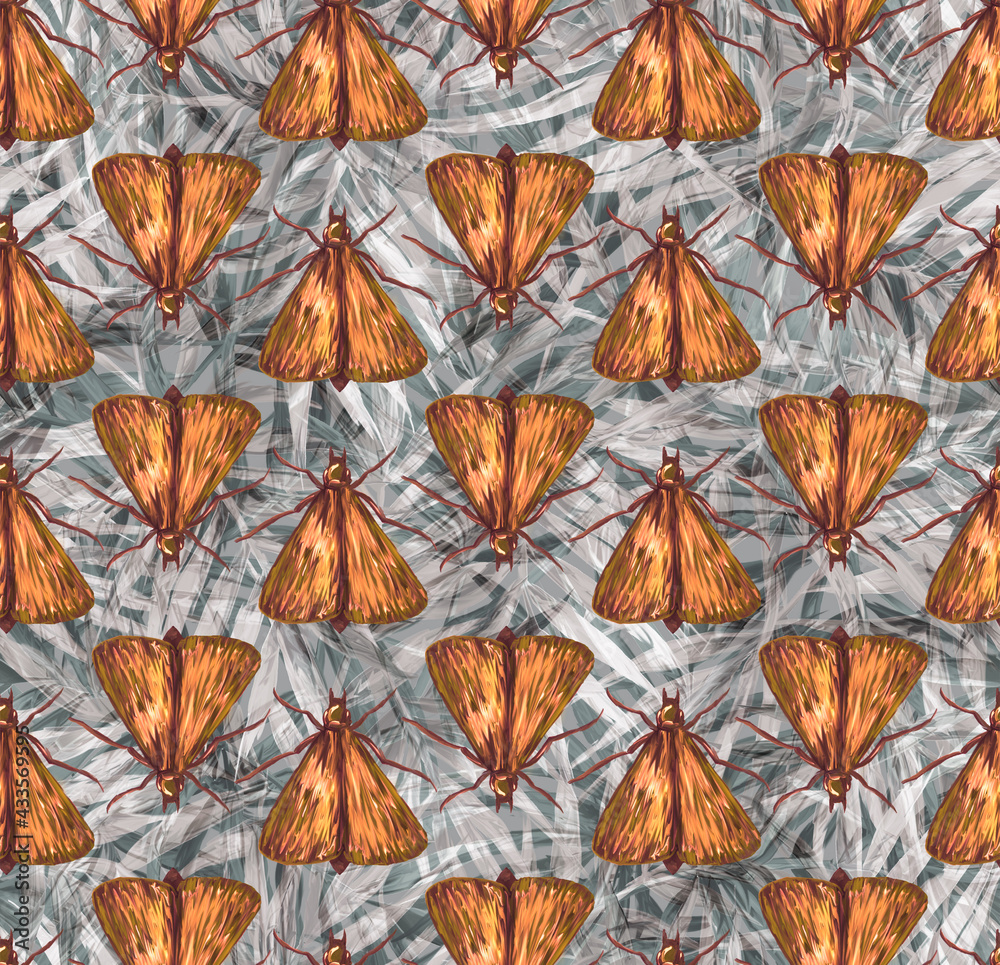 Obraz premium Seamless pattern with painted insects with wings. butterflies and moths living on grass and trees. Animals in a trending background. Print for textiles and paper