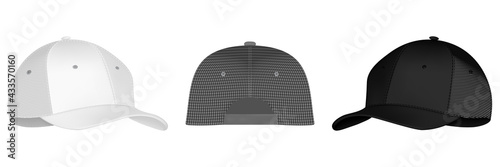 Cap or hat. Mockup and blank template of baseball uniform cap with front, back and right side view. Isolated vector illustrations set. Design template, vector eps10 illustration.