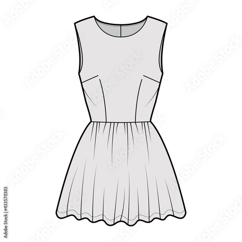 Dress short technical fashion illustration with sleeveless, fitted body, mini length full skirt. Flat apparel front, grey color style. Women, men unisex CAD mockup
