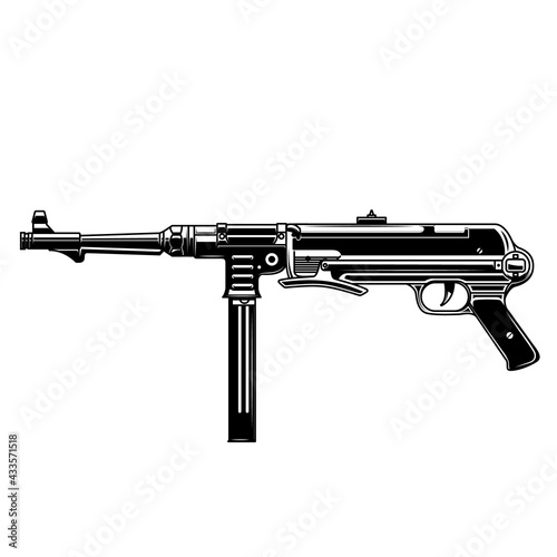 Illustration of german submachine gun. Design element for logo, label, sign, emblem. Vector illustration