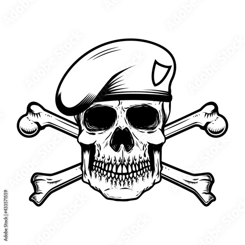 Illustration of soldier skull in paratrooper beret with crossed bones.  Design element for logo, label, sign, emblem. Vector illustration Stock  Vector | Adobe Stock