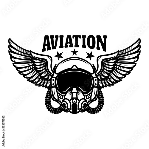 Illustration of airplane pilot helmet with wings. Design element for logo, label, sign, emblem. Vector illustration